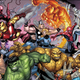 The Avengers, X-Men, Fantastic Four, and other comic-book characters gather together in an action shot.
